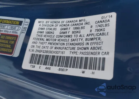 2014 Honda Civic Lx z USA, uszkodzony, nr VIN 2HGFG3B59EH507161